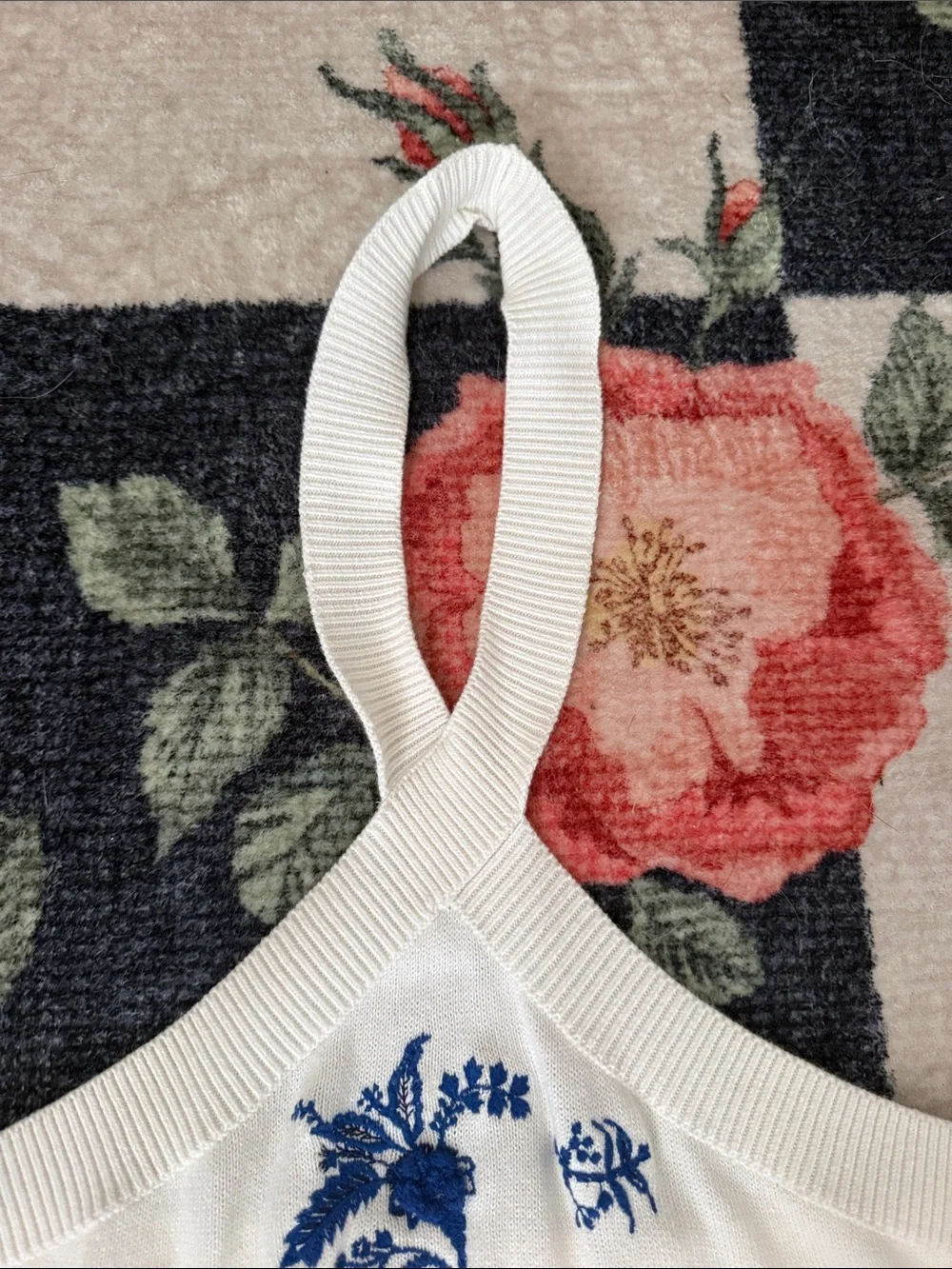 LOFT Cream Halter Camisole with Blue Floral Embroidery - Picture 3 of 4